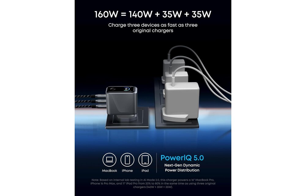 Anker Prime 160W USB C Charger 3-Port Compact Charger Smart Display and Touch Control Black