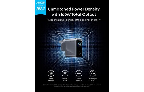 Anker Prime 160W USB C Charger 3-Port Compact Charger Smart Display and Touch Control Black