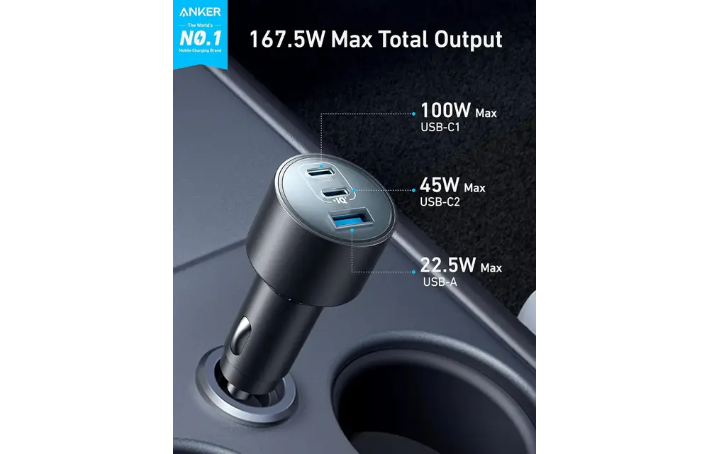 Anker Car Charger 167.5W 3-Port Ultra-Fast Car Charger With C To C 1m Cable - Black