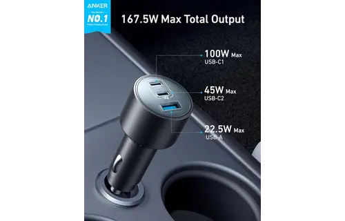 Anker Car Charger 167.5W 3-Port Ultra-Fast Car Charger With C To C 1m Cable - Black