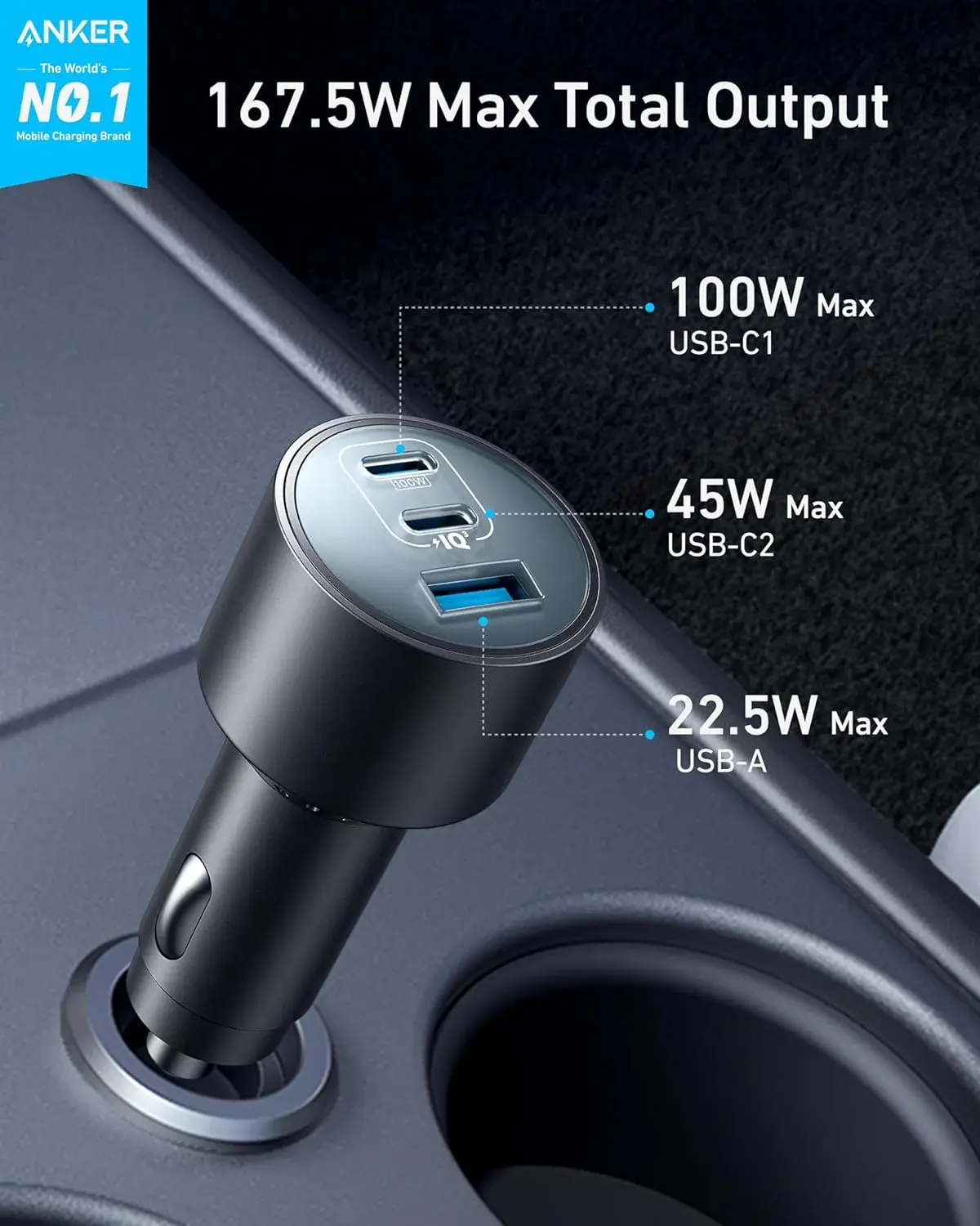Anker Car Charger 167.5W 3-Port Ultra-Fast Car Charger With C To C 1m Cable - Black