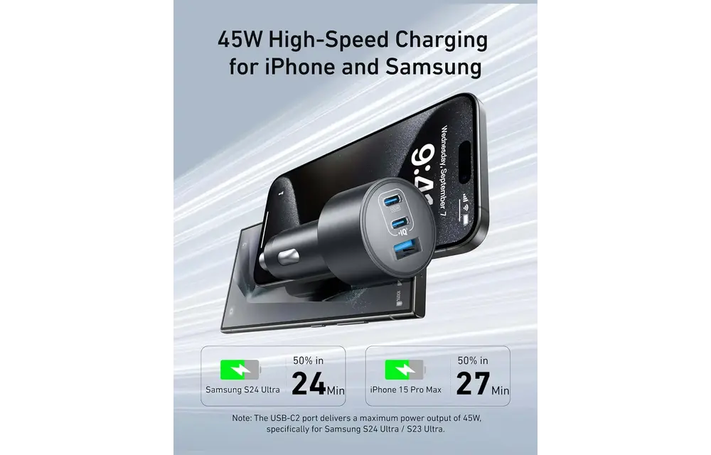 Anker Car Charger 167.5W 3-Port Ultra-Fast Car Charger With C To C 1m Cable - Black