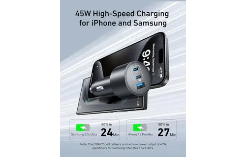 Anker Car Charger 167.5W 3-Port Ultra-Fast Car Charger With C To C 1m Cable - Black