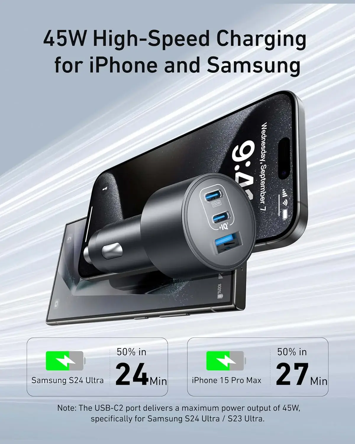 Anker Car Charger 167.5W 3-Port Ultra-Fast Car Charger With C To C 1m Cable - Black