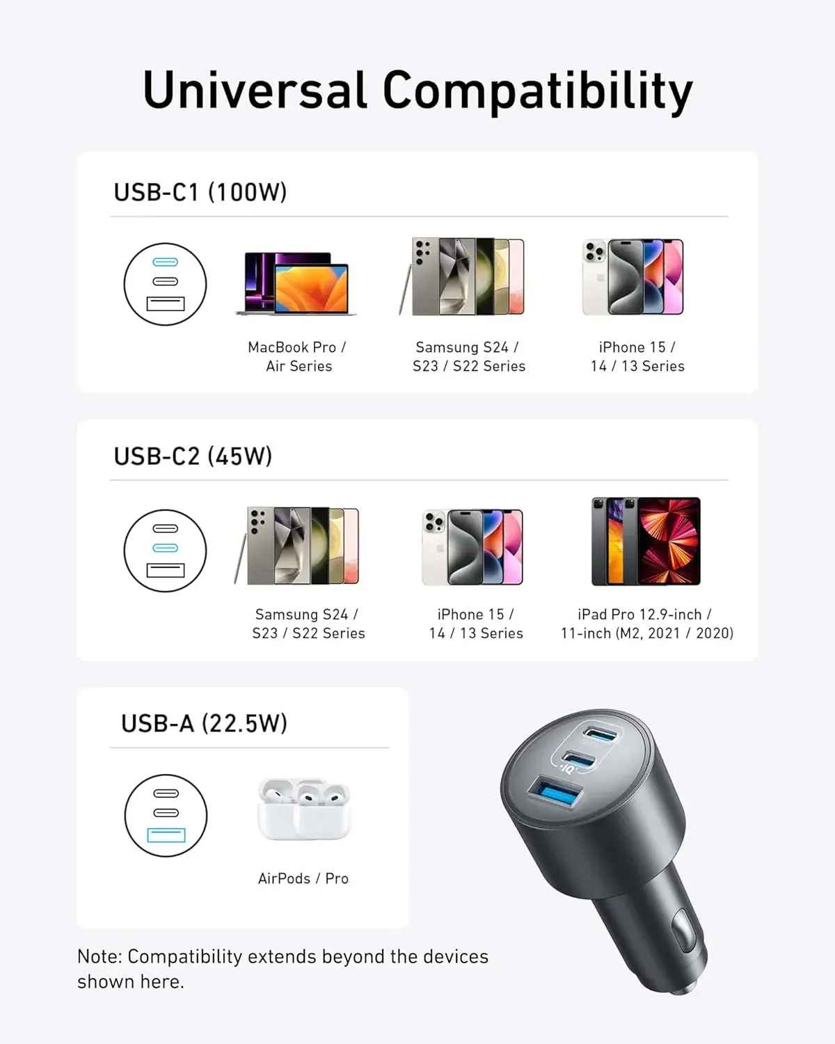 Anker Car Charger 167.5W 3-Port Ultra-Fast Car Charger With C To C 1m Cable - Black
