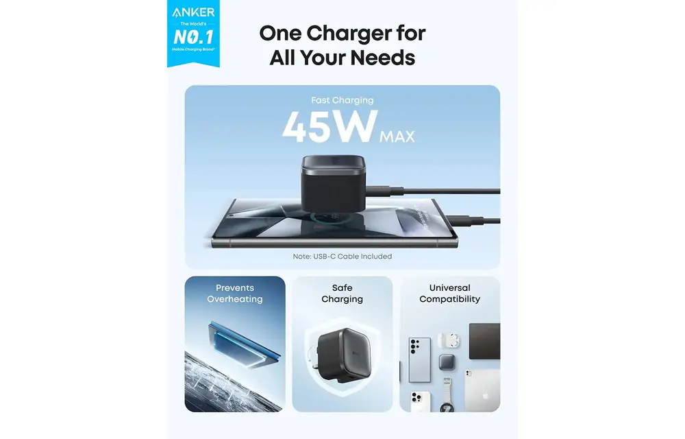 Anker Nano Compact USB - C Foldable Plug Fast Charger 45W - Black