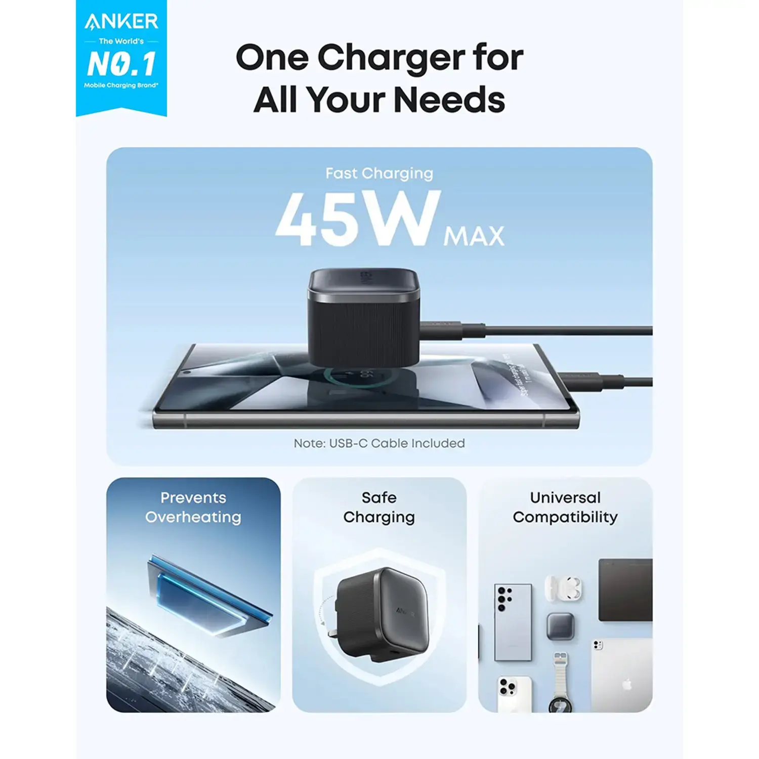 Anker Nano Compact USB - C Foldable Plug Fast Charger 45W - Black
