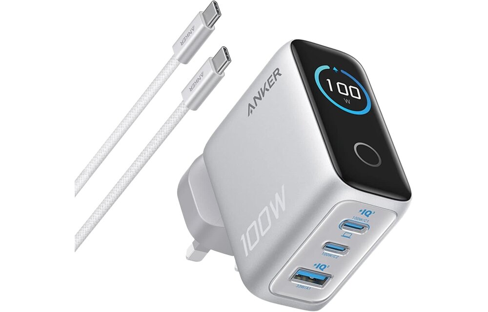 Anker Charger, 100W Max USB C Charger, 3-Port GaN and Ultra-Compact Smart Display and Touch Control - Silver