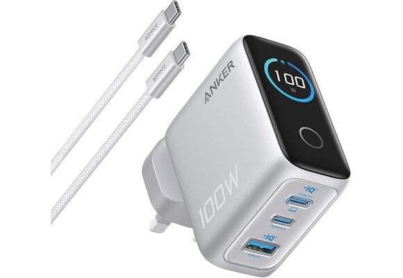 Anker Charger, 100W Max USB C Charger, 3-Port GaN and Ultra-Compact Smart Display and Touch Control - Silver