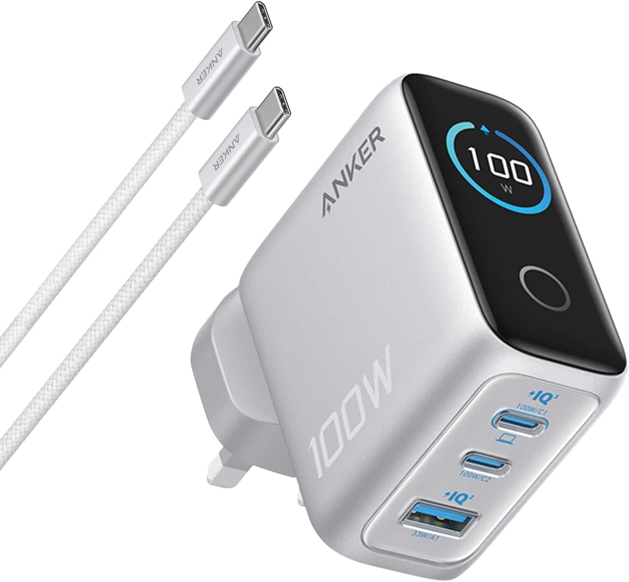 Anker Charger, 100W Max USB C Charger, 3-Port GaN and Ultra-Compact Smart Display and Touch Control - Silver