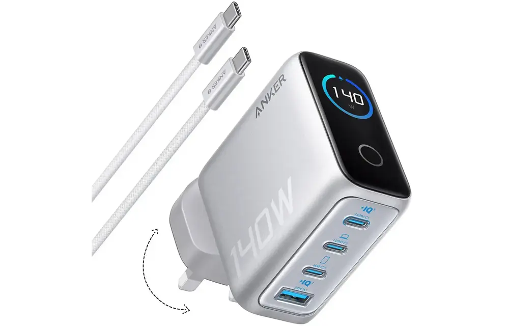 Anker Fast Charging Wall Charger PD 3.1, 4-Port with Smart Display and USB-C Cable 5ft/1.5m, 140W - Silver