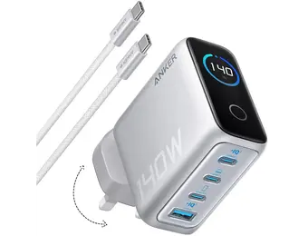 Anker Fast Charging Wall Charger PD 3.1, 4-Port with Smart Display and USB-C Cable 5ft/1.5m, 140W - Silver