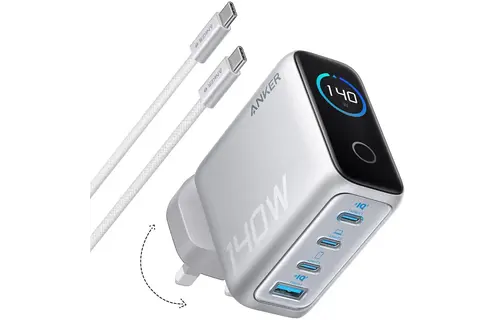 Anker Fast Charging Wall Charger PD 3.1, 4-Port with Smart Display and USB-C Cable 5ft/1.5m, 140W - Silver