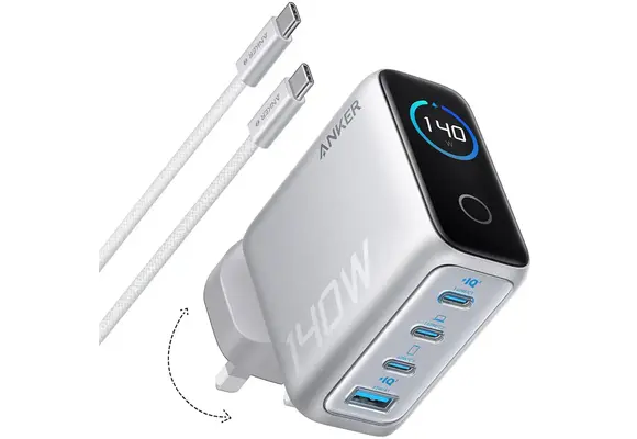 Anker Fast Charging Wall Charger PD 3.1, 4-Port with Smart Display and USB-C Cable 5ft/1.5m, 140W - Silver