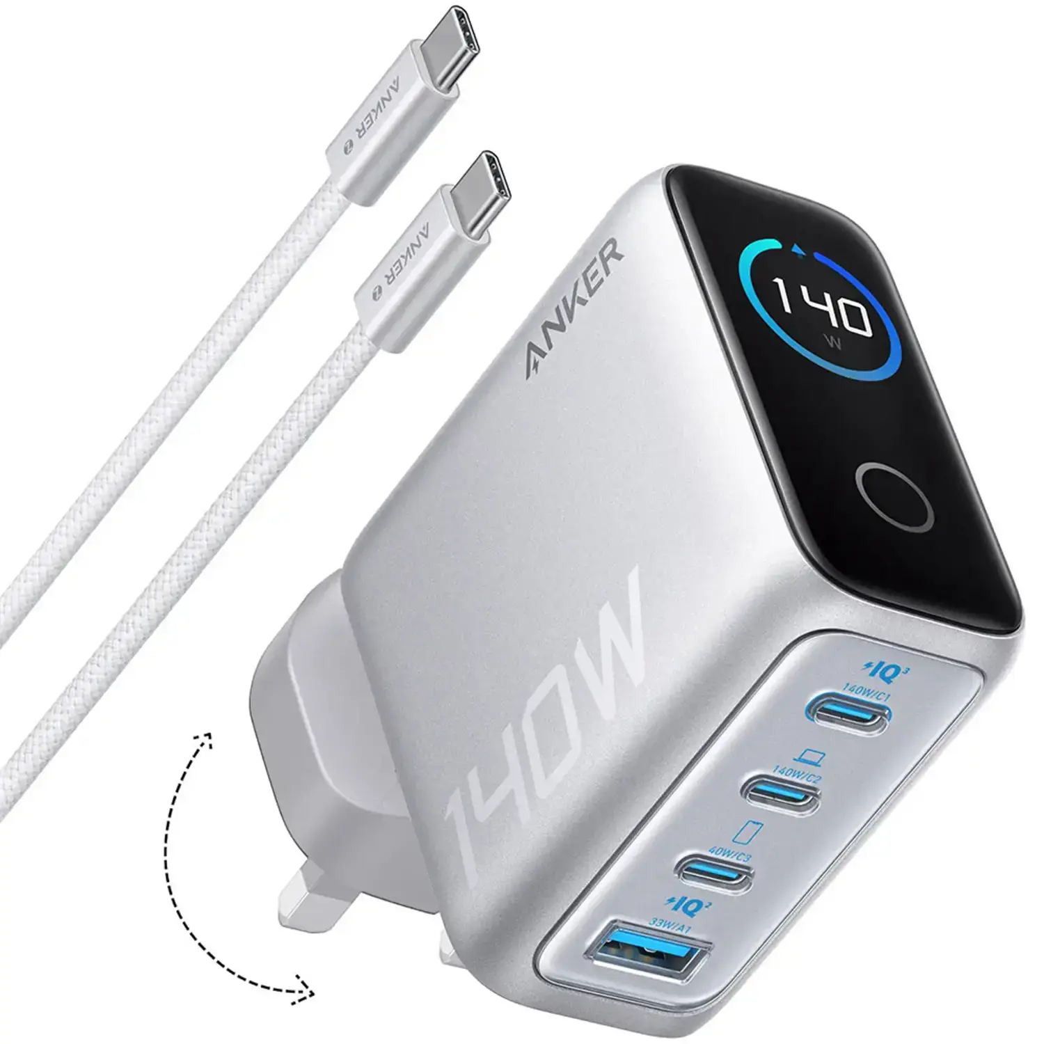 Anker Fast Charging Wall Charger PD 3.1, 4-Port with Smart Display and USB-C Cable 5ft/1.5m, 140W - Silver