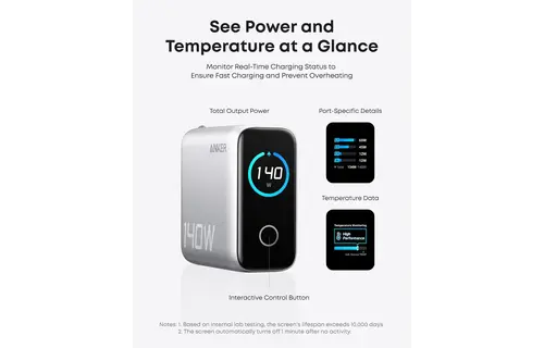 Anker Fast Charging Wall Charger PD 3.1, 4-Port with Smart Display and USB-C Cable 5ft/1.5m, 140W - Silver