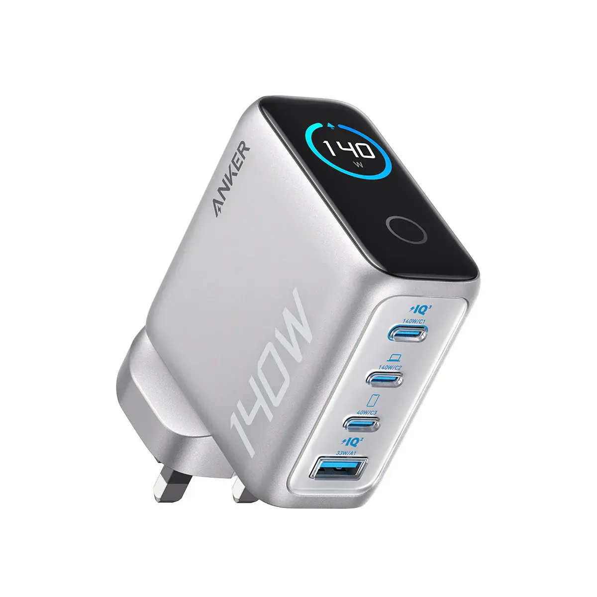 Anker Fast Charging Wall Charger PD 3.1, 4-Port with Smart Display and USB-C Cable 5ft/1.5m, 140W - Silver