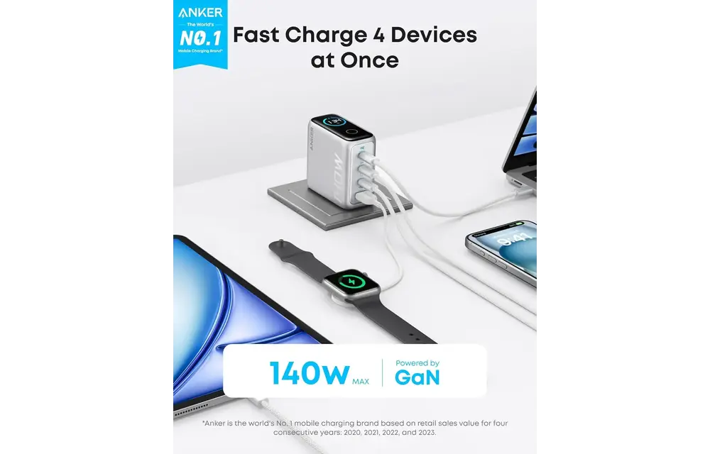 Anker Fast Charging Wall Charger PD 3.1, 4-Port with Smart Display and USB-C Cable 5ft/1.5m, 140W - Silver