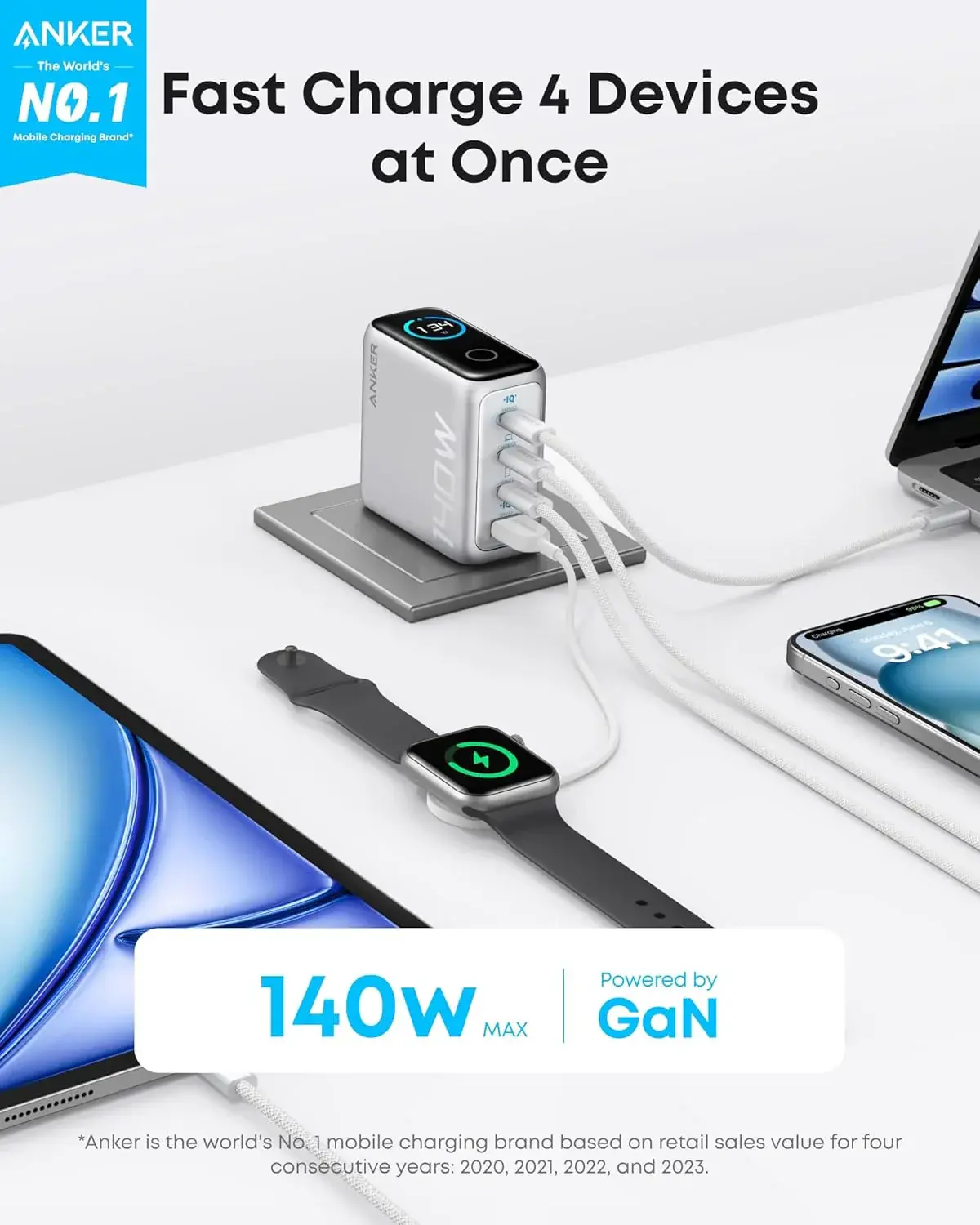 Anker Fast Charging Wall Charger PD 3.1, 4-Port with Smart Display and USB-C Cable 5ft/1.5m, 140W - Silver