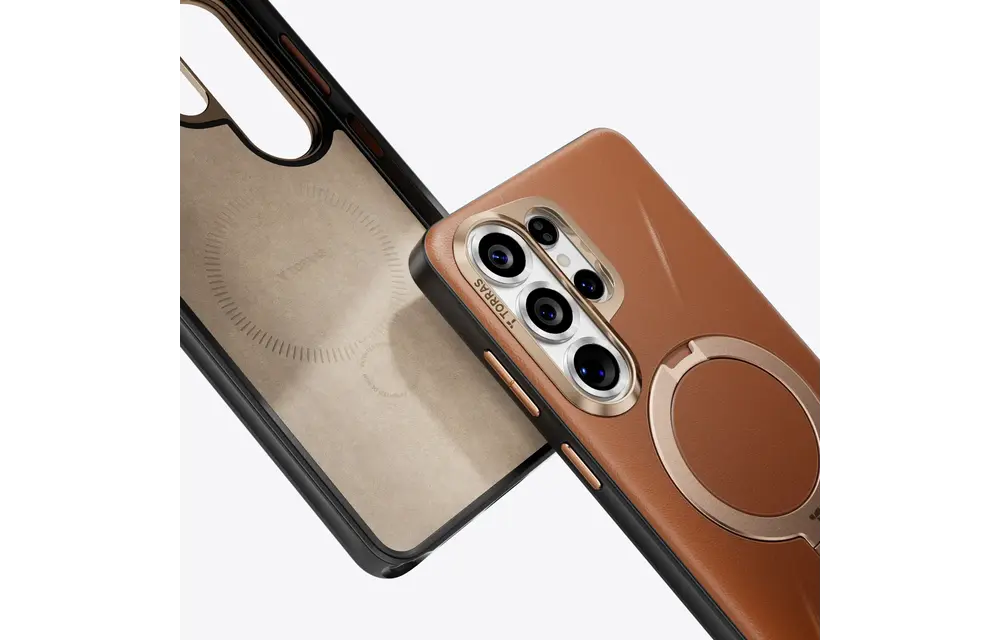 TORRAS Ostand Spin Q3 VegSkin Leather Textured MagSafe Case for Samsung Galaxy S26 Ultra -  Amber Brown