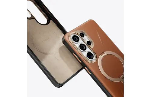 TORRAS Ostand Spin Q3 VegSkin Leather Textured MagSafe Case for Samsung Galaxy S26 Ultra -  Amber Brown