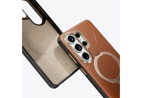 TORRAS Ostand Spin Q3 VegSkin Leather Textured MagSafe Case for Samsung Galaxy S26 Ultra - Amber Brown