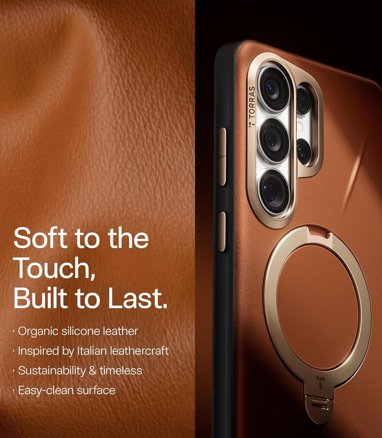 TORRAS Ostand Spin Q3 VegSkin Leather Textured MagSafe Case for Samsung Galaxy S26 Ultra -  Amber Brown