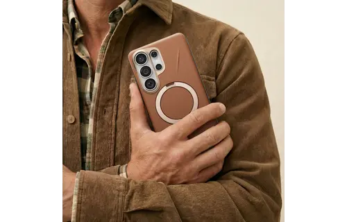 TORRAS Ostand Spin Q3 VegSkin Leather Textured MagSafe Case for Samsung Galaxy S26 Ultra -  Amber Brown