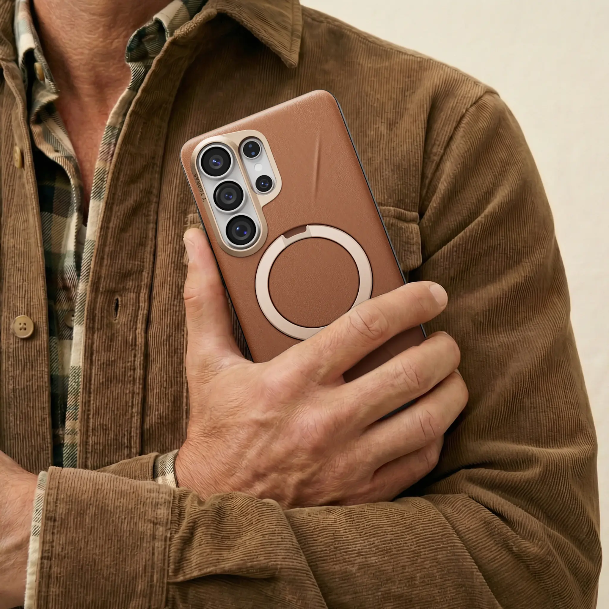 TORRAS Ostand Spin Q3 VegSkin Leather Textured MagSafe Case for Samsung Galaxy S26 Ultra -  Amber Brown