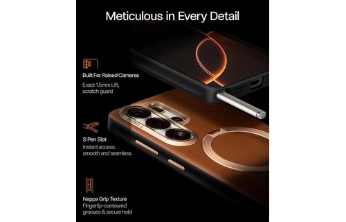 TORRAS Ostand Spin Q3 VegSkin Leather Textured MagSafe Case for Samsung Galaxy S26 Ultra -  Amber Brown