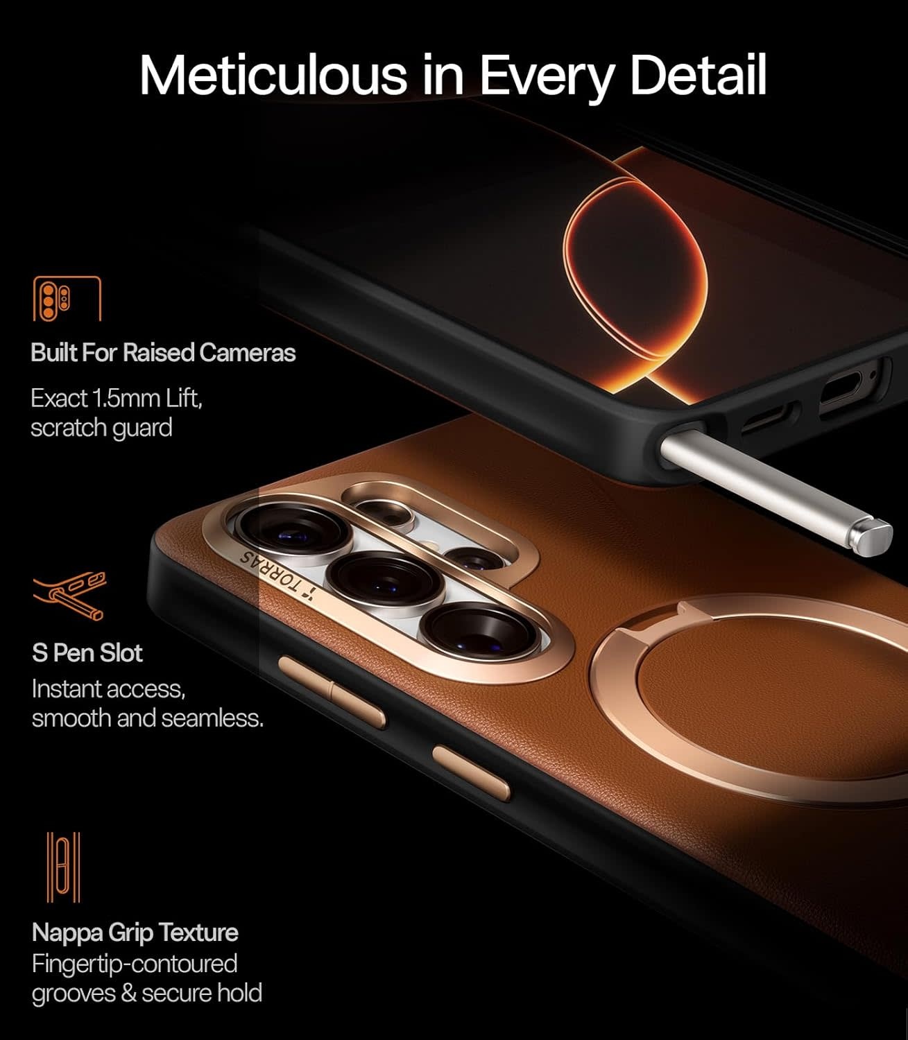 TORRAS Ostand Spin Q3 VegSkin Leather Textured MagSafe Case for Samsung Galaxy S26 Ultra -  Amber Brown