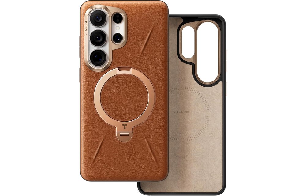 TORRAS Ostand Spin Q3 VegSkin Leather Textured MagSafe Case for Samsung Galaxy S26 Ultra -  Amber Brown