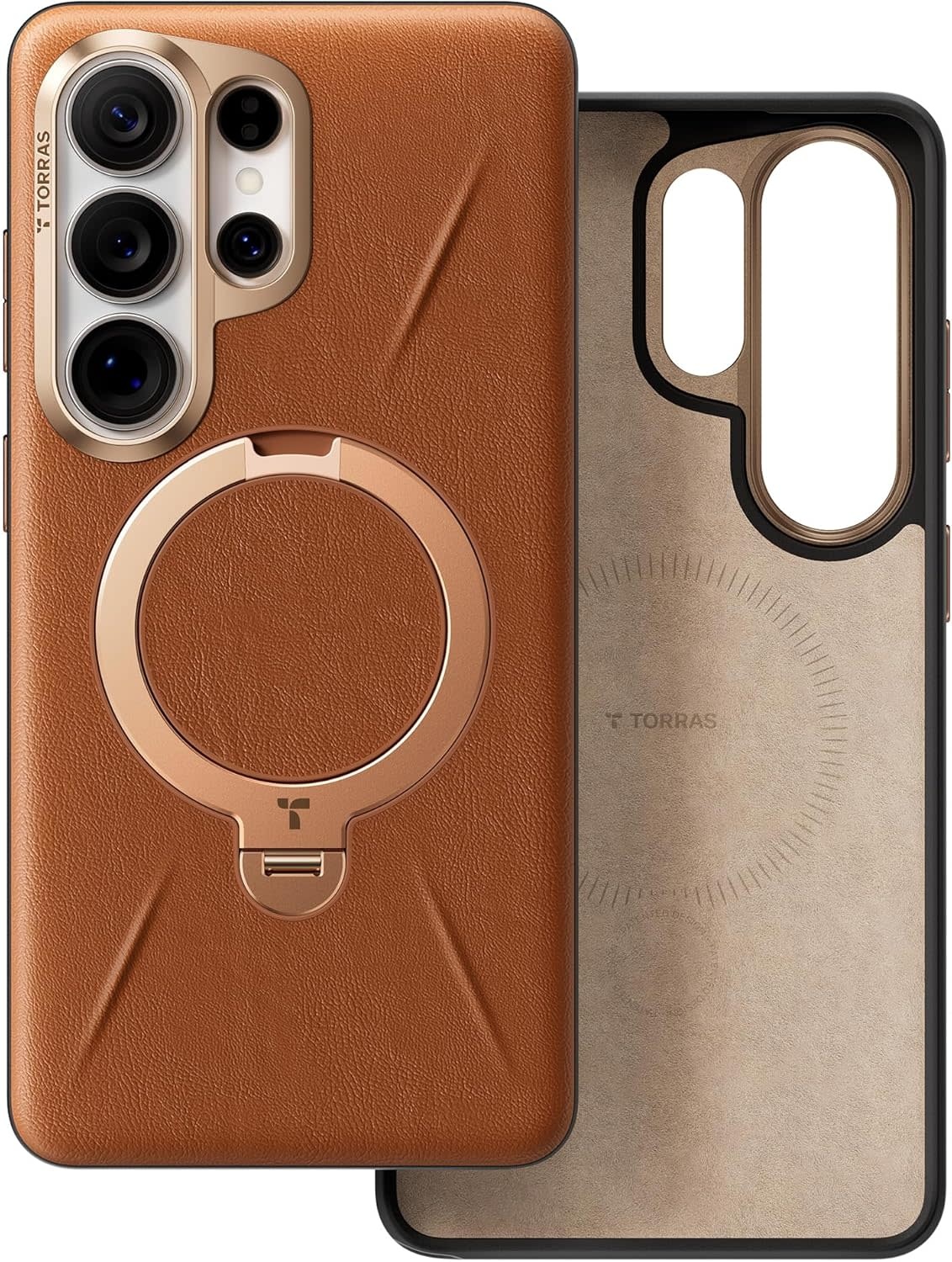 TORRAS Ostand Spin Q3 VegSkin Leather Textured MagSafe Case for Samsung Galaxy S26 Ultra -  Amber Brown