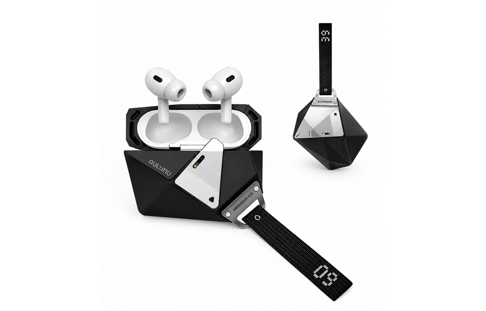 AULUMU A39 Geometric Case for AirPods Pro 3 | Lock & Lanyard - Black
