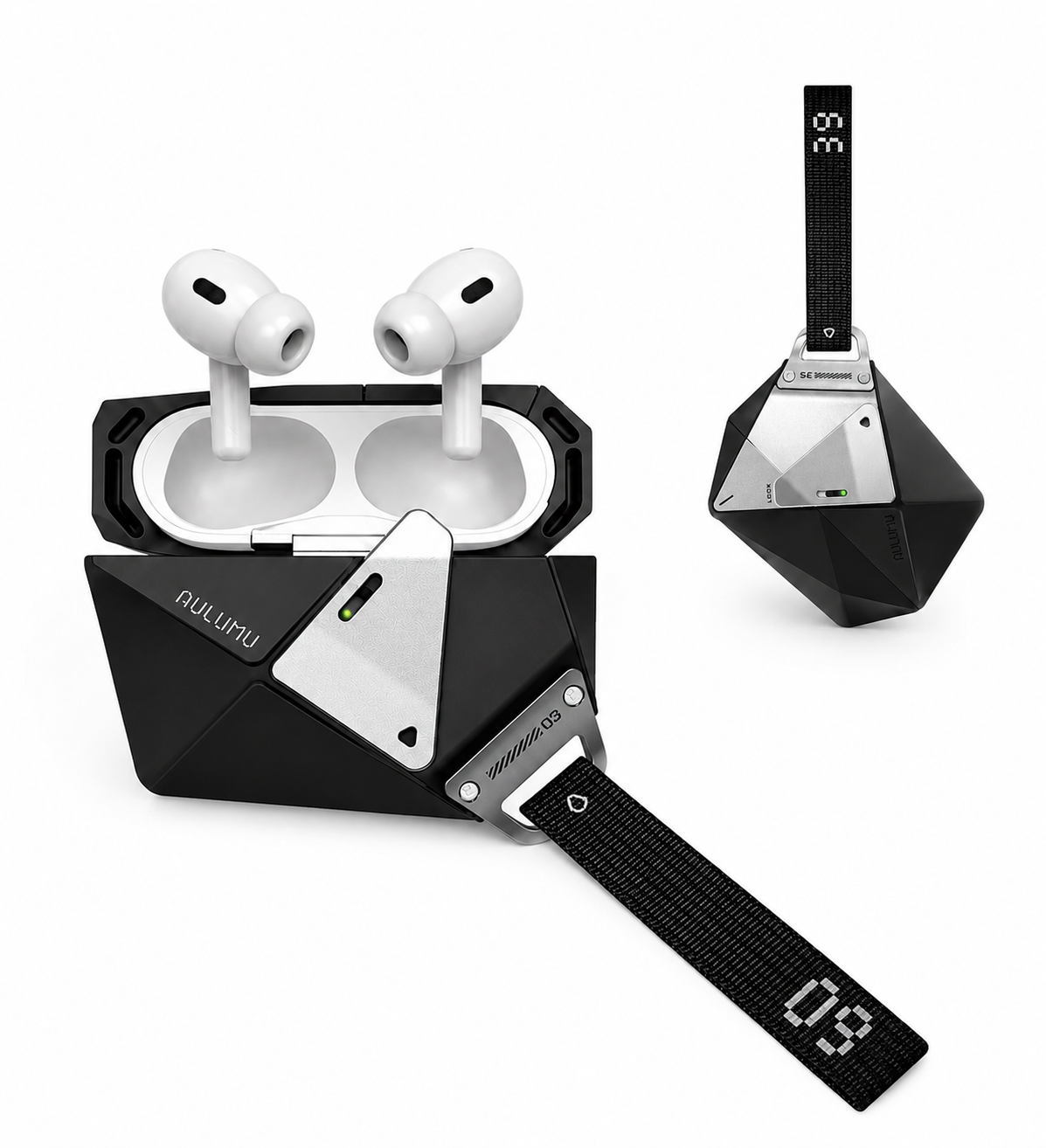 AULUMU A39 Geometric Case for AirPods Pro 3 | Lock & Lanyard - Black