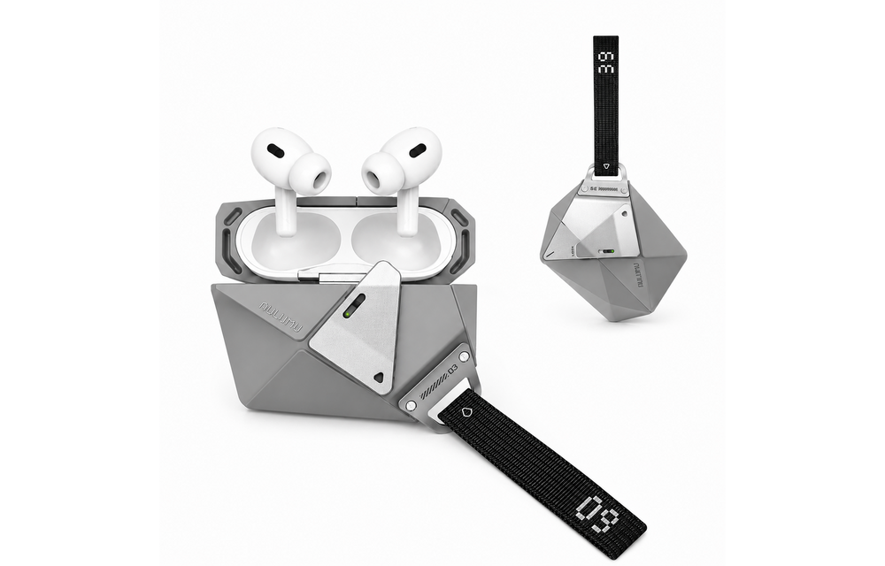 AULUMU A39 Geometric Case for AirPods Pro 3 | Lock & Lanyard - Gray
