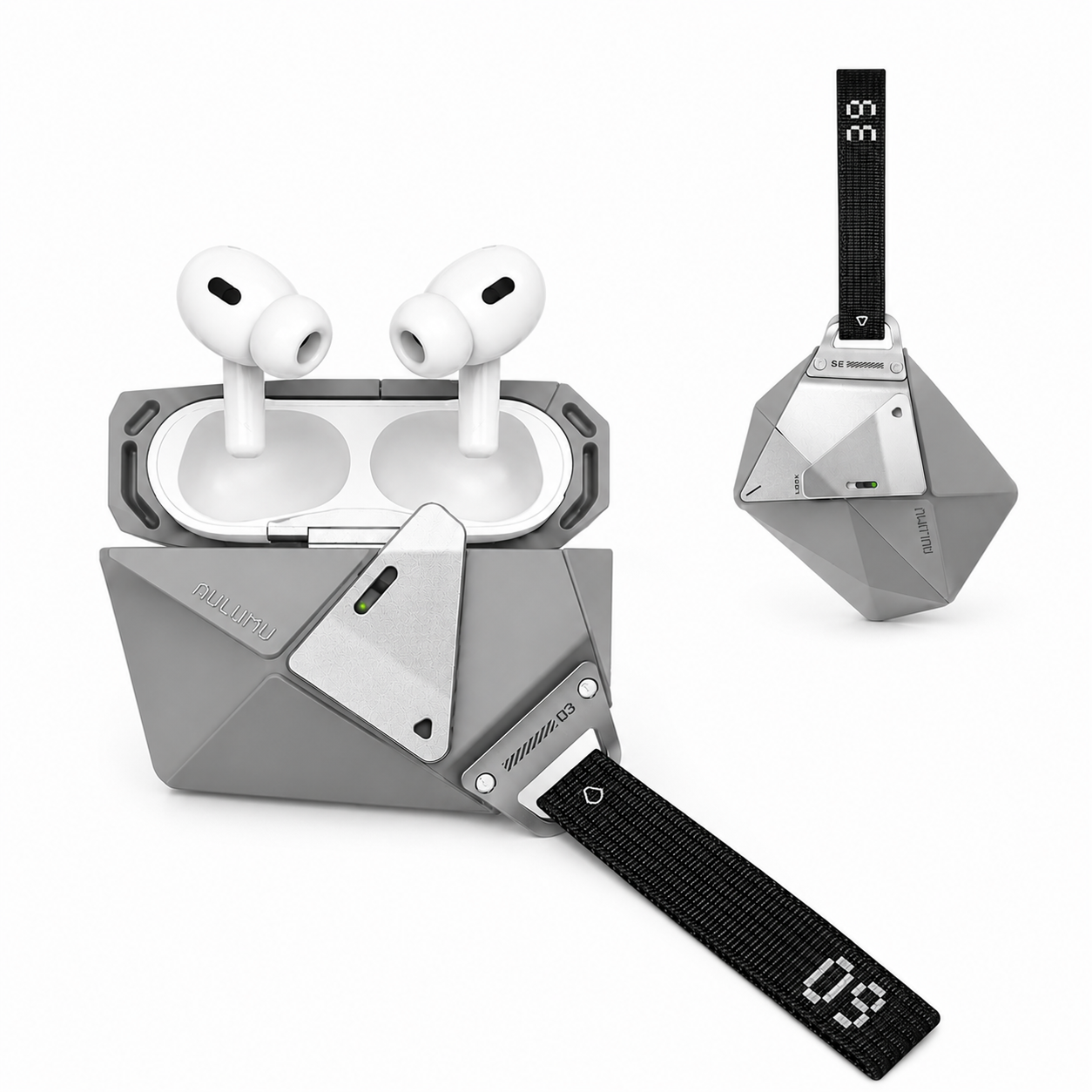 AULUMU A39 Geometric Case for AirPods Pro 3 | Lock & Lanyard - Gray