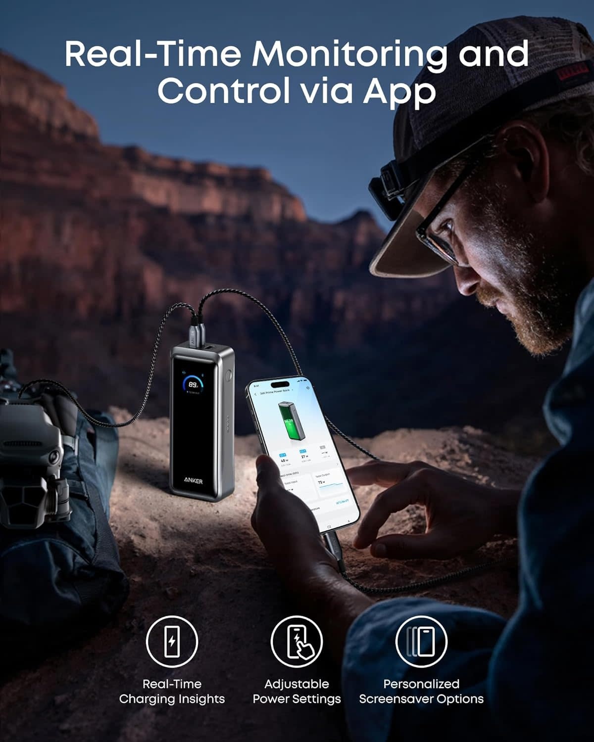 Anker Prime Power Bank 26K, 300W Max Output 3-Port with 250W Dual-Port Input App Control - Phantom Gray