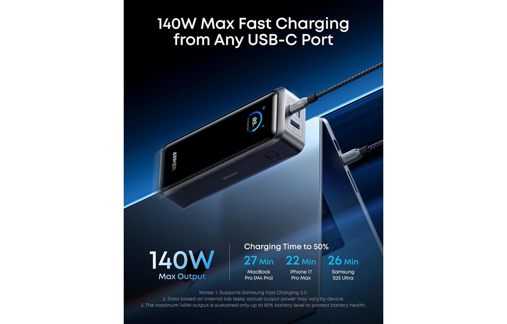 Anker Prime Power Bank 26K, 300W Max Output 3-Port with 250W Dual-Port Input App Control - Phantom Gray