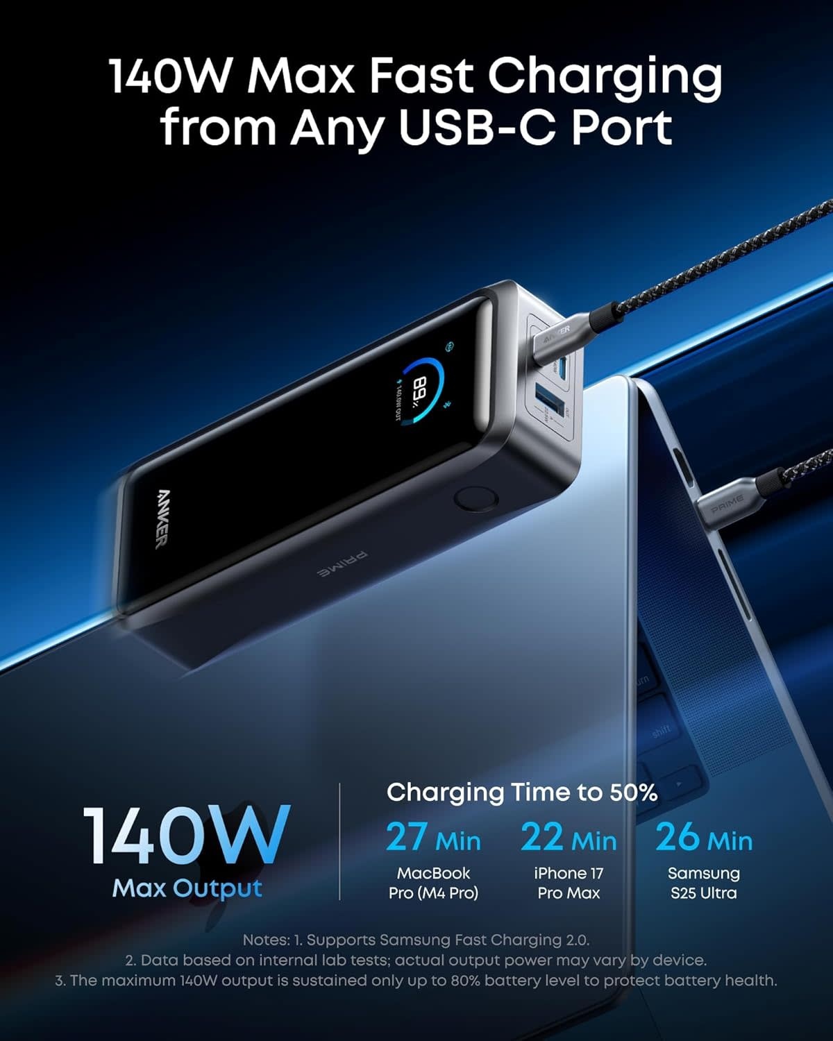 Anker Prime Power Bank 26K, 300W Max Output 3-Port with 250W Dual-Port Input App Control - Phantom Gray