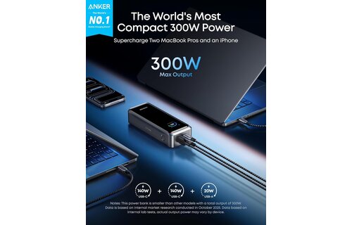 Anker Prime Power Bank 26K, 300W Max Output 3-Port with 250W Dual-Port Input App Control - Phantom Gray