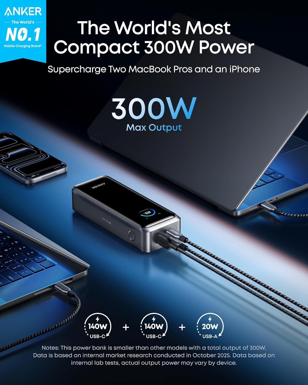Anker Prime Power Bank 26K, 300W Max Output 3-Port with 250W Dual-Port Input App Control - Phantom Gray