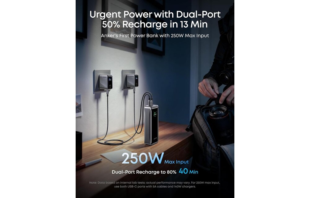 Anker Prime Power Bank 26K, 300W Max Output 3-Port with 250W Dual-Port Input App Control - Phantom Gray