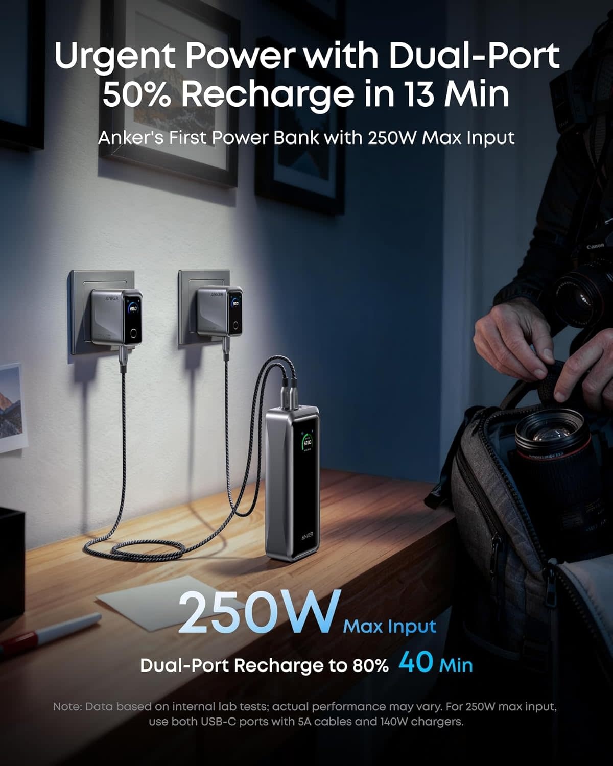 Anker Prime Power Bank 26K, 300W Max Output 3-Port with 250W Dual-Port Input App Control - Phantom Gray