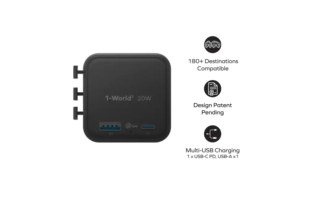 Momax 1-World 20w Universal 2-Port USB Travel Adapter - Black
