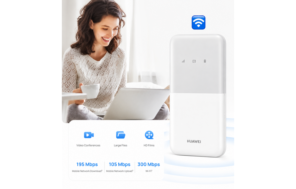 Huawei Slim Design 4G Mobile WiFi 5 LTE 195Mbps Portable Router Up to 16 Devices - White