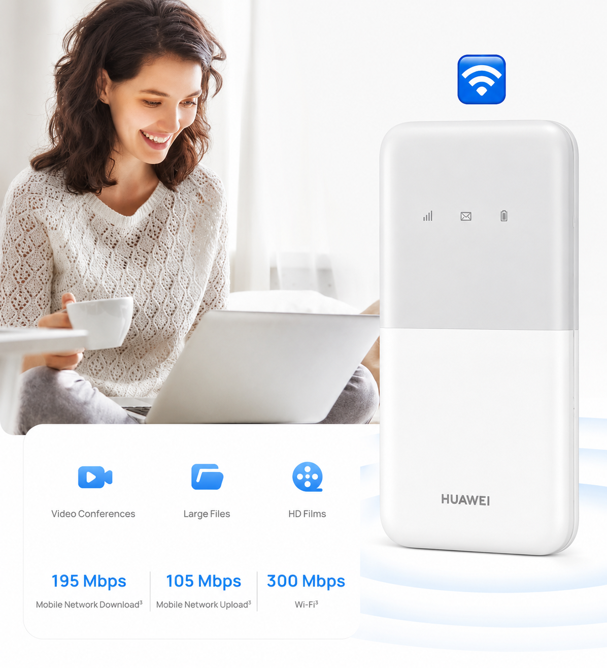 Huawei Slim Design 4G Mobile WiFi 5 LTE 195Mbps Portable Router Up to 16 Devices - White