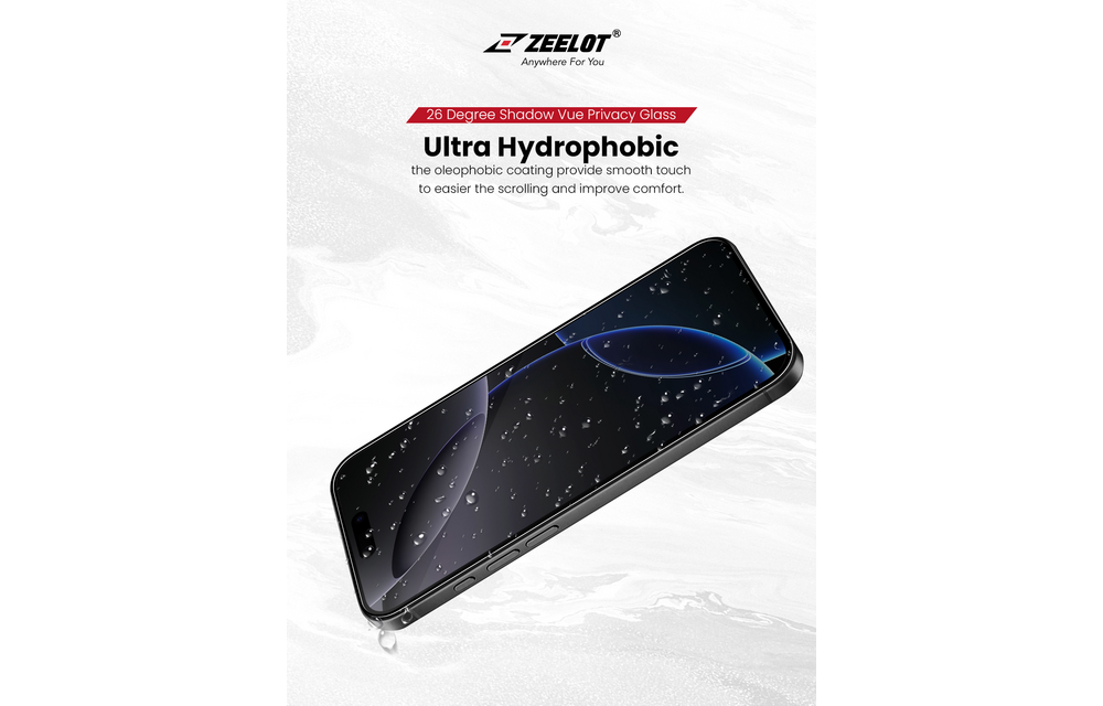 Zeelot Solidsleek 2.5D+ KK9 Supper Glass Protector 26 Degree Shadow Vue with Installation Kit for iPhone 18 Pro - Privacy