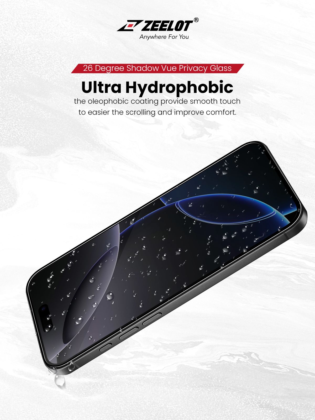 Zeelot Solidsleek 2.5D+ KK9 Supper Glass Protector 26 Degree Shadow Vue with Installation Kit for iPhone 18 Pro - Privacy
