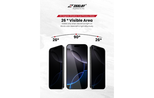 Zeelot Solidsleek 2.5D+ KK9 Supper Glass Protector 26 Degree Shadow Vue with Installation Kit for iPhone 18 Pro - Privacy
